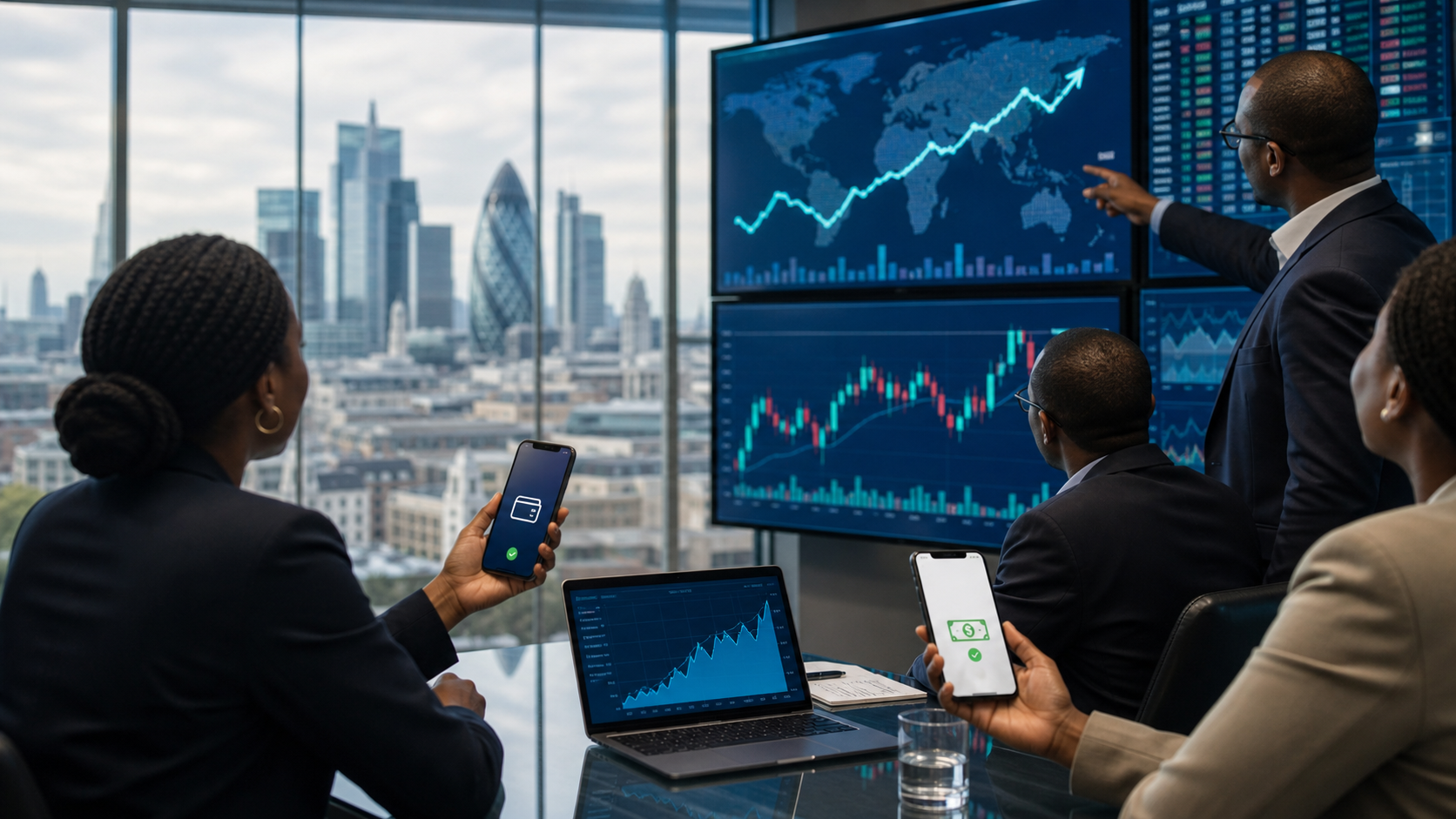 Investors review African mobile money growth charts in a London financial office