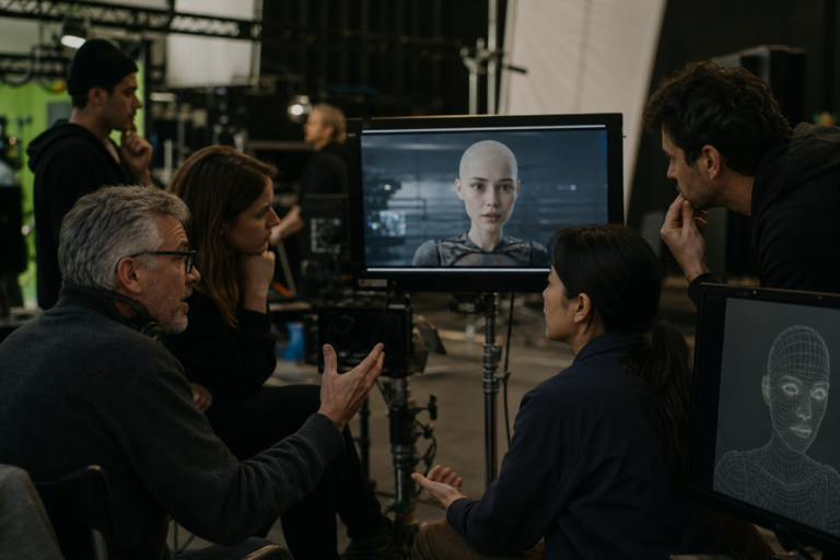 Film crew reviewing a synthetic digital performer on set