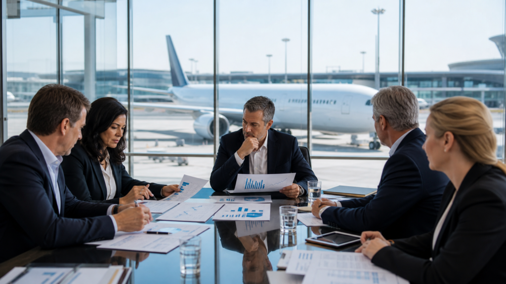 Airline investors reviewing takeover documents in an airport boardroom