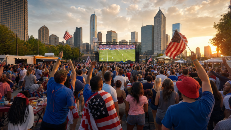 American soccer fans celebrating at a public summer viewing event