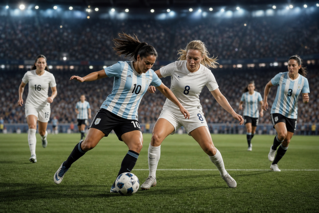 Women footballers in generic Argentina and England colors challenge for the ball under stadium lights