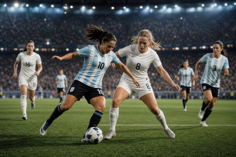 Women footballers in generic Argentina and England colors challenge for the ball under stadium lights