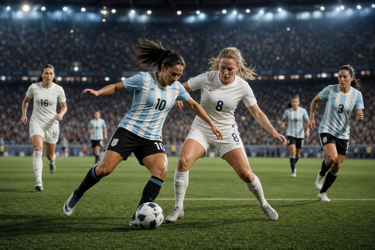 Women footballers in generic Argentina and England colors challenge for the ball under stadium lights