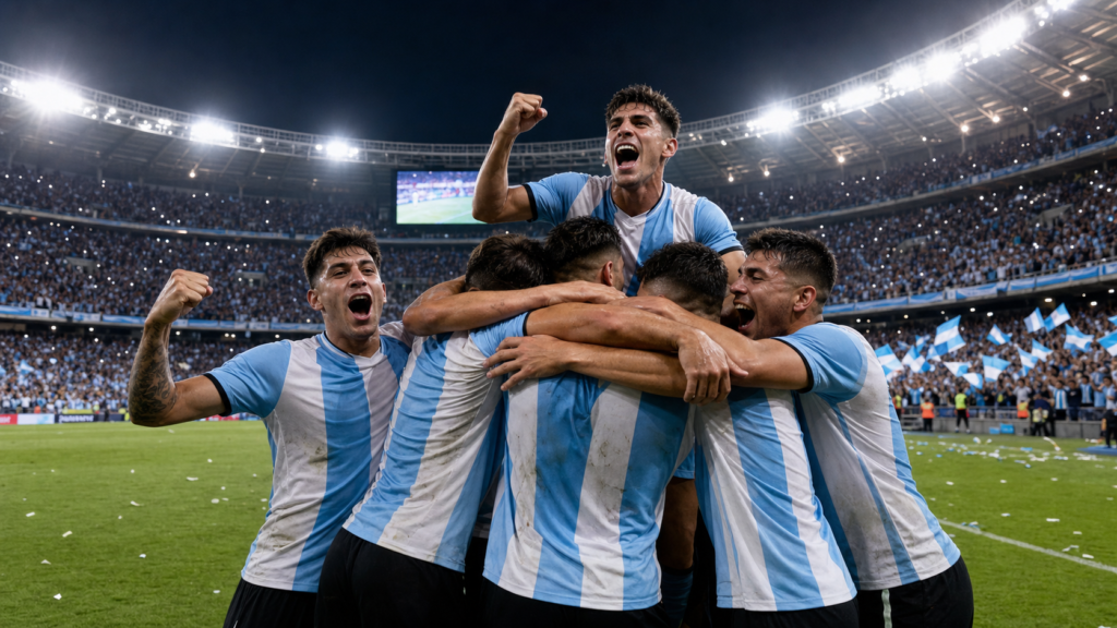 Soccer players in sky blue and white celebrating in a stadium