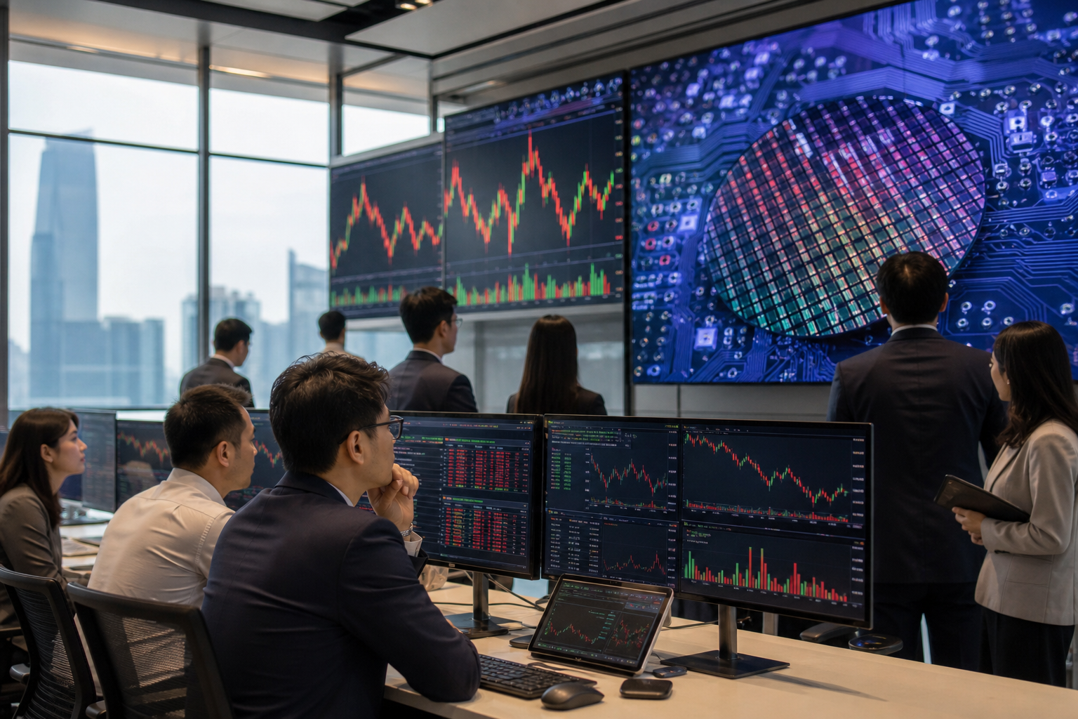 Analysts monitoring Asian stock markets and semiconductor industry charts