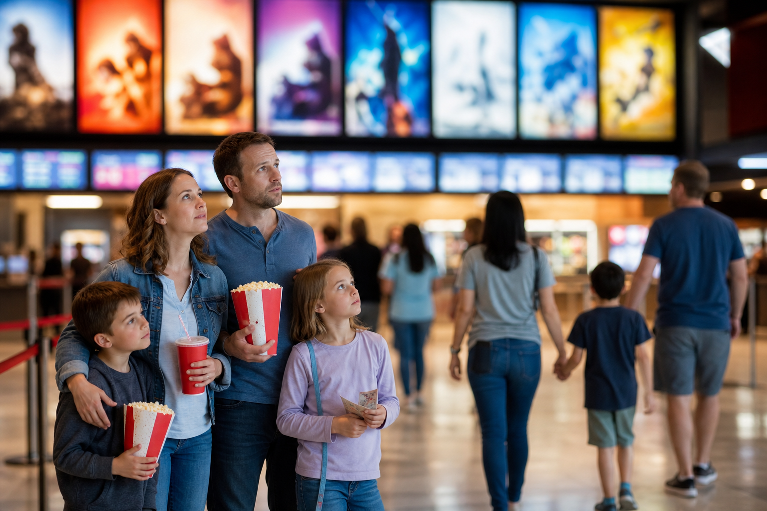 A family studies movie options in a busy cinema lobby during summer film season