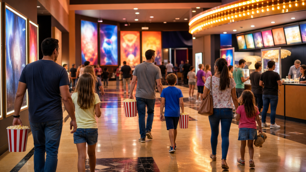 Families walking through a busy cinema lobby during summer movie season