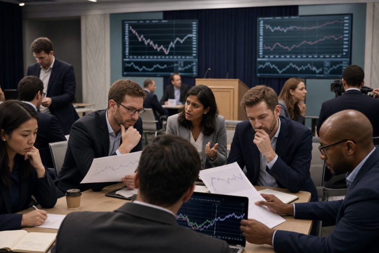 Economists and reporters analysing markets after an interest-rate decision