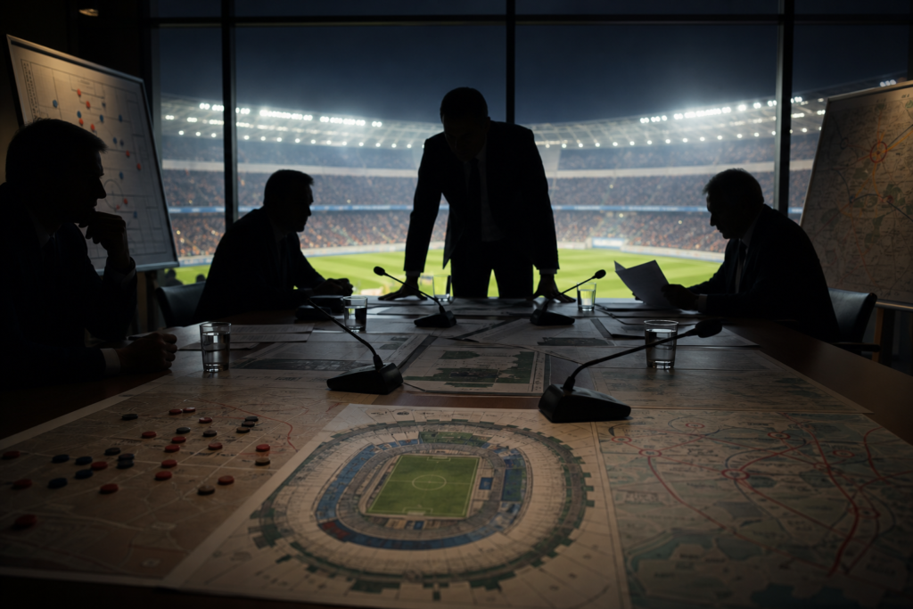 Officials review generic stadium security maps in a conference room overlooking a football pitch