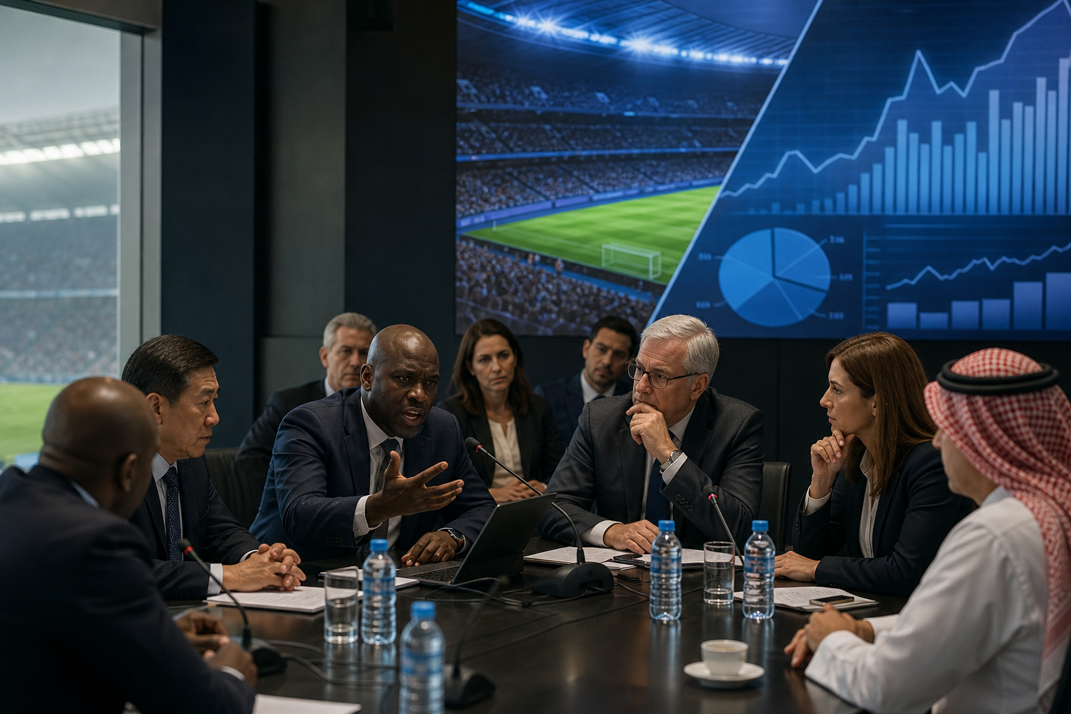 International football delegates debating an investment proposal