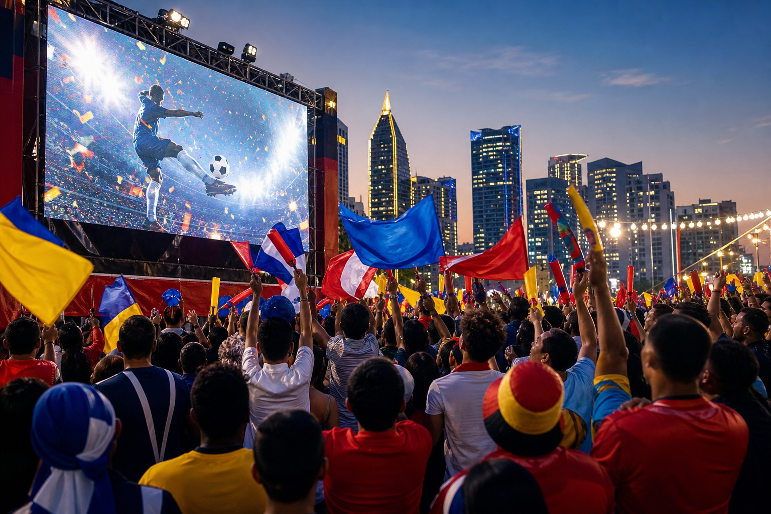 Large city fan zone with football supporters watching a giant outdoor screen