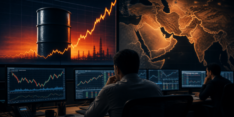 Analysts watch oil market screens and a Middle East map in a trading room