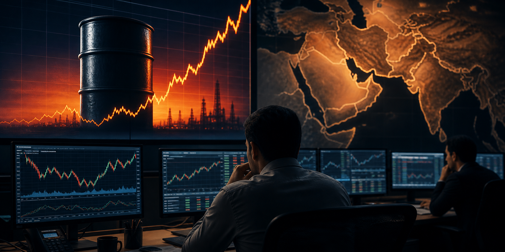 Analysts watch oil market screens and a Middle East map in a trading room