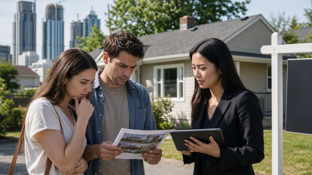 Homebuyers reviewing listings with a realtor outside a house