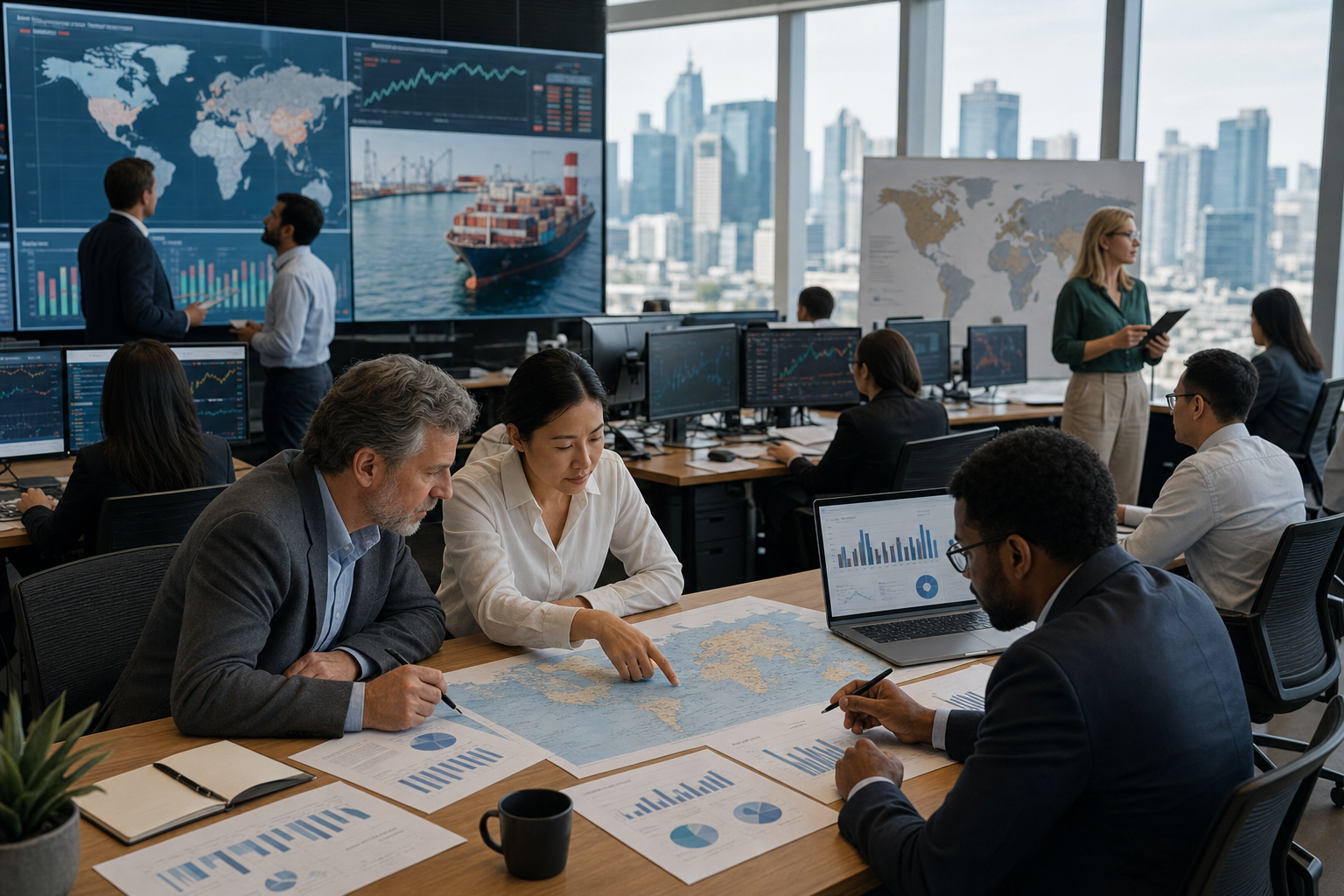 Global market analysts studying economic growth and trade indicators