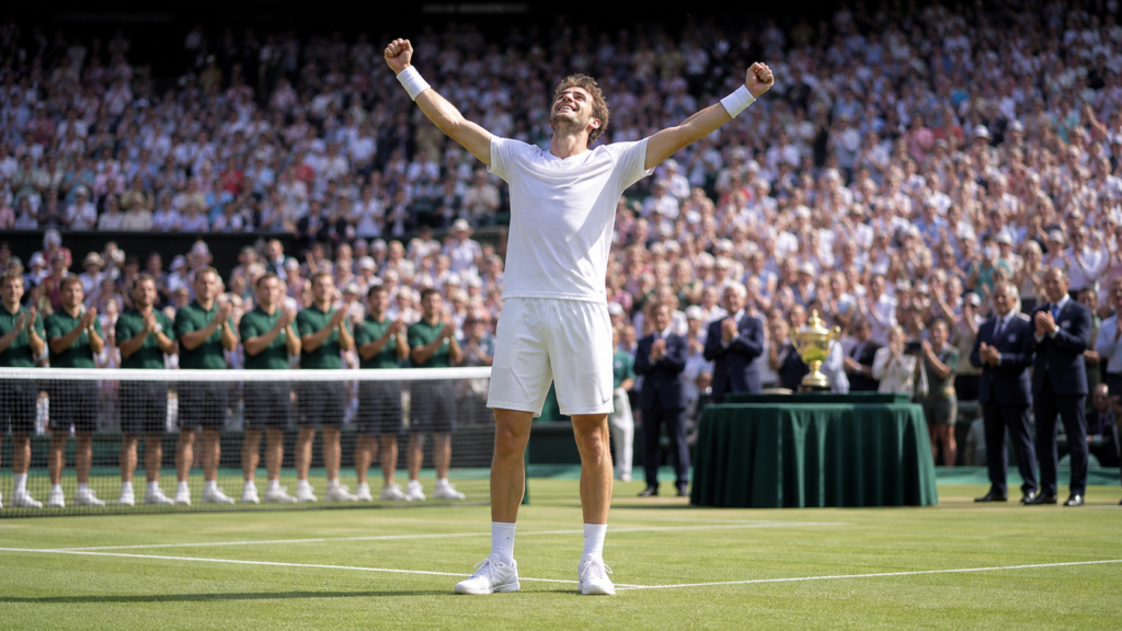 A tennis champion celebrating on a grass court