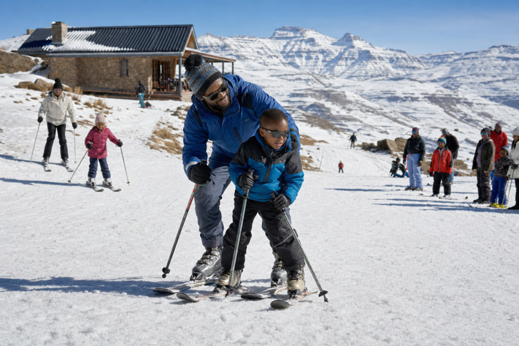 Families learning to ski in Lesotho's snowy Maloti Mountains