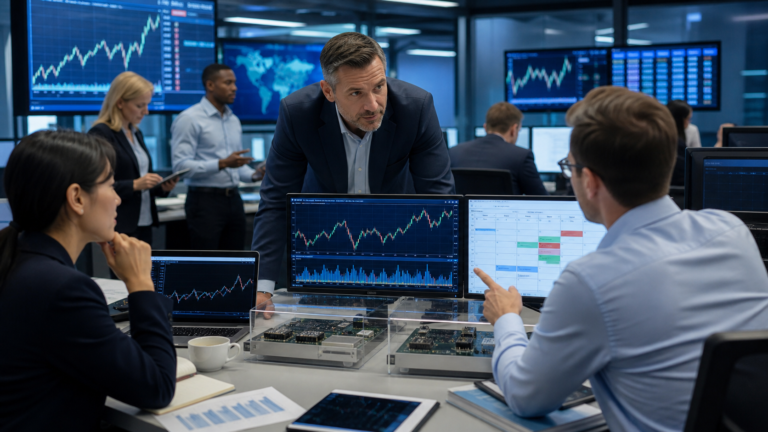 Financial analysts reviewing market charts and economic calendar screens