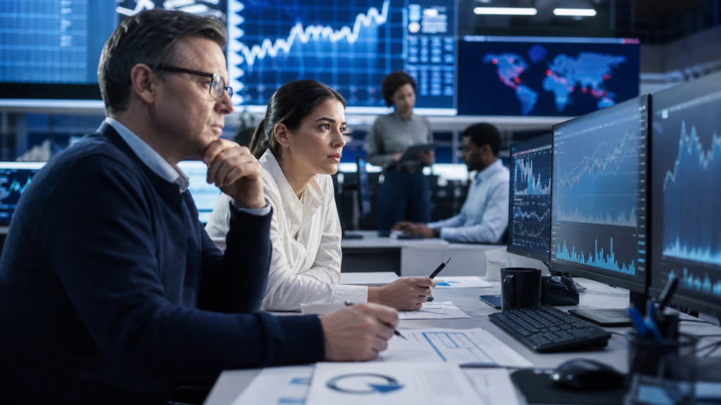 Financial analysts reviewing market charts in a newsroom