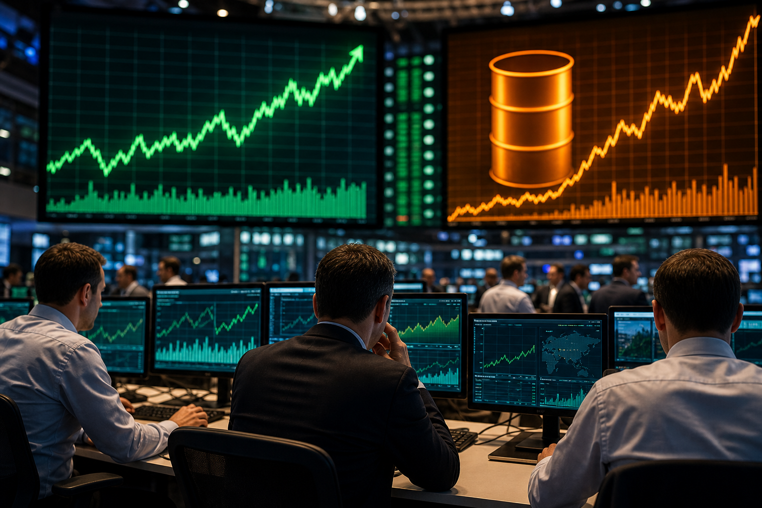 Traders watch stock and oil market screens on a busy trading floor