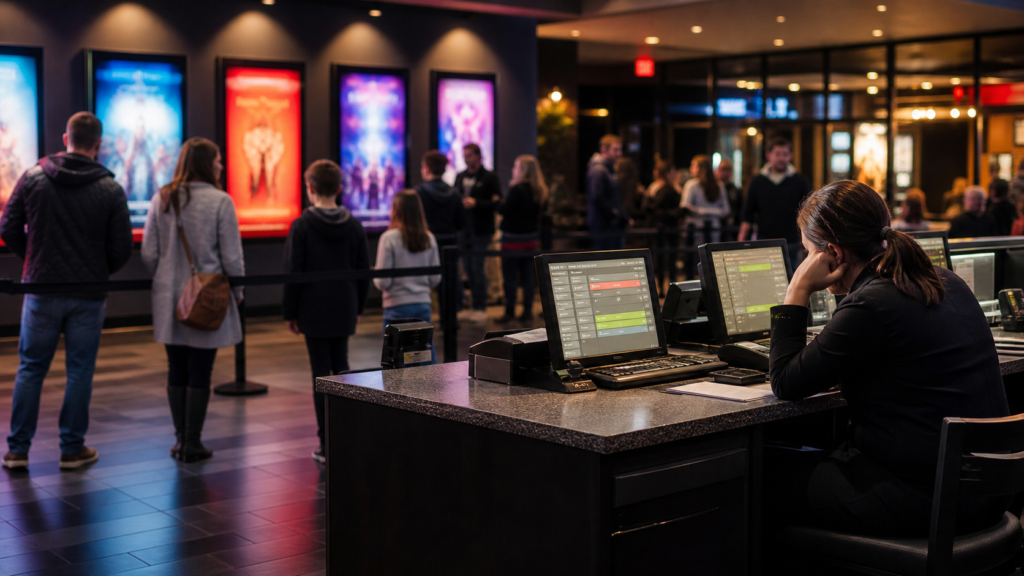 Families in a cinema lobby near a ticket counter