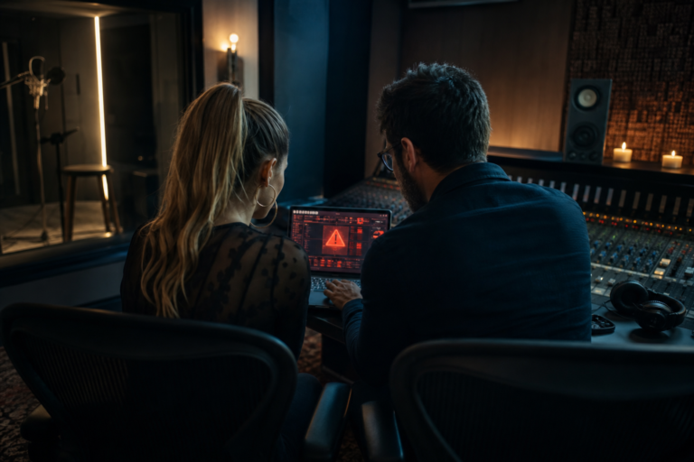 Music artist and cybersecurity specialist reviewing a studio computer alert