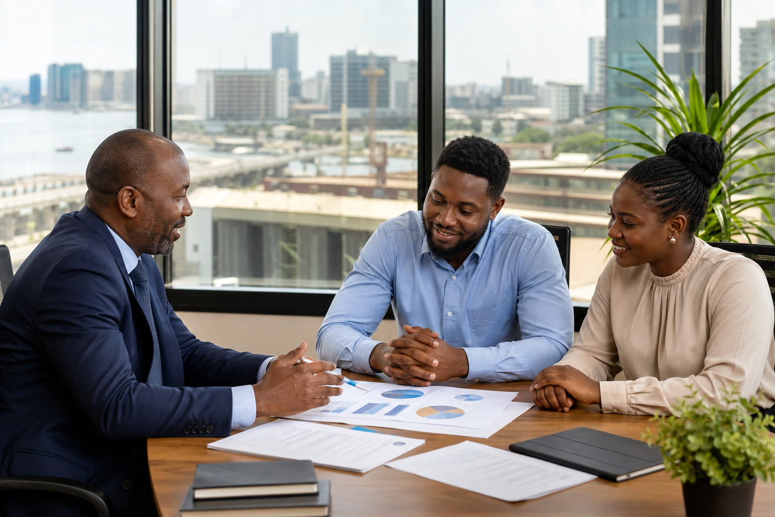 Nigerian professionals discussing pension savings and retirement planning