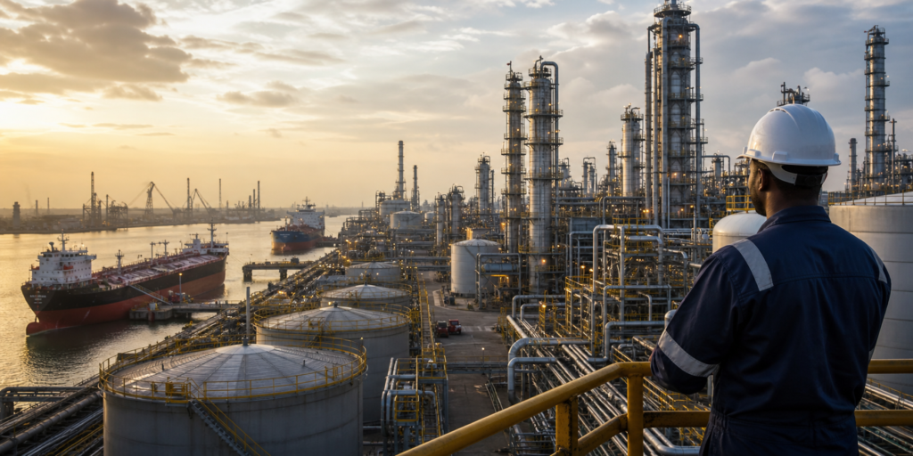 Large refinery and port infrastructure representing Nigeria and African fuel markets