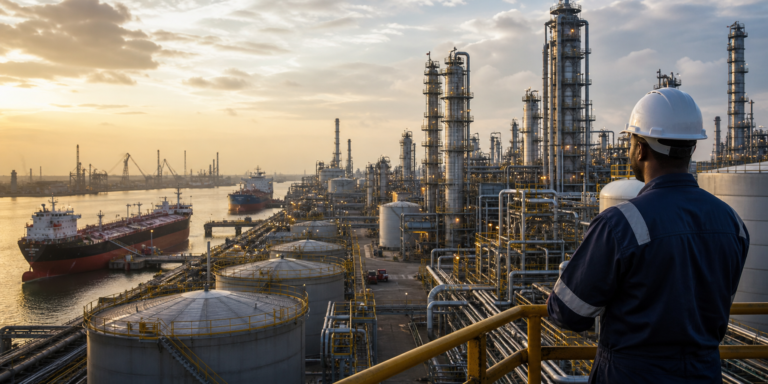 Large refinery and port infrastructure representing Nigeria and African fuel markets