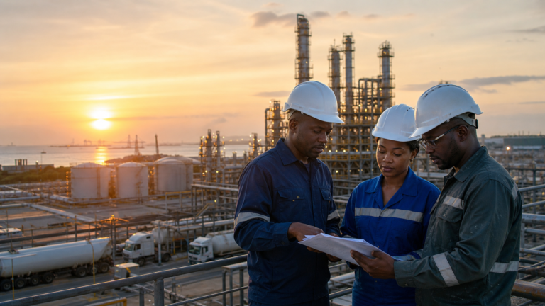 African refinery workers reviewing documents at a coastal refinery
