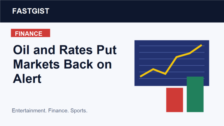 Editorial illustration of market screens, oil prices, and rate pressure