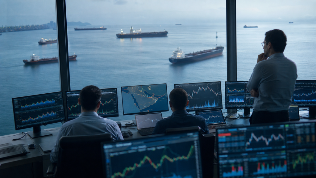 Analysts monitoring oil tankers and market charts