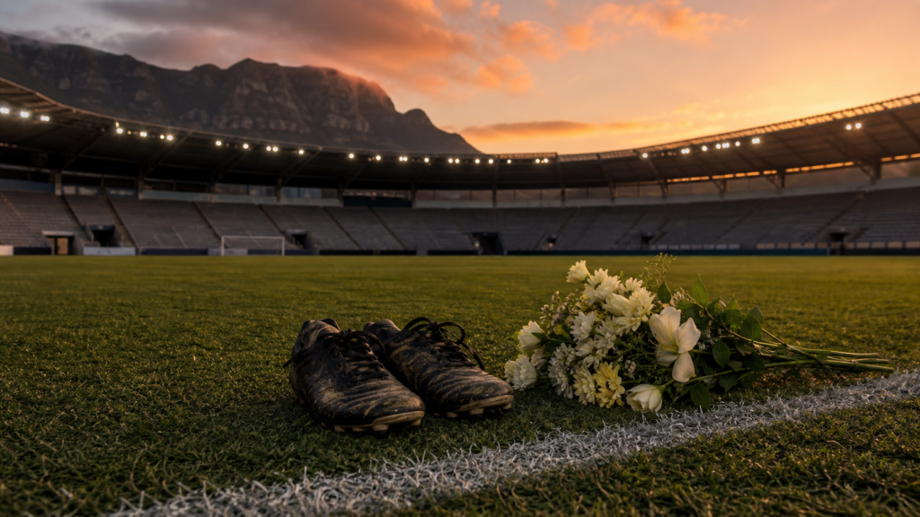 Football boots and flowers on an empty stadium touchline