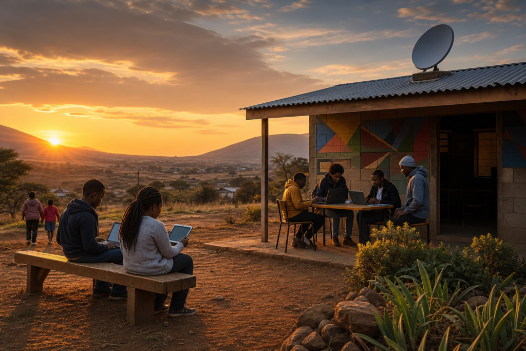 A rural South African community uses connected devices near a satellite receiver