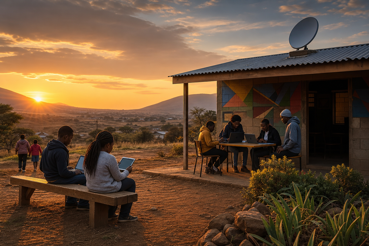 A rural South African community uses connected devices near a satellite receiver