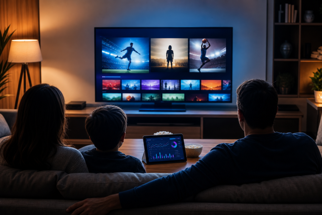 Family watches a streaming interface with sports and entertainment tiles on television