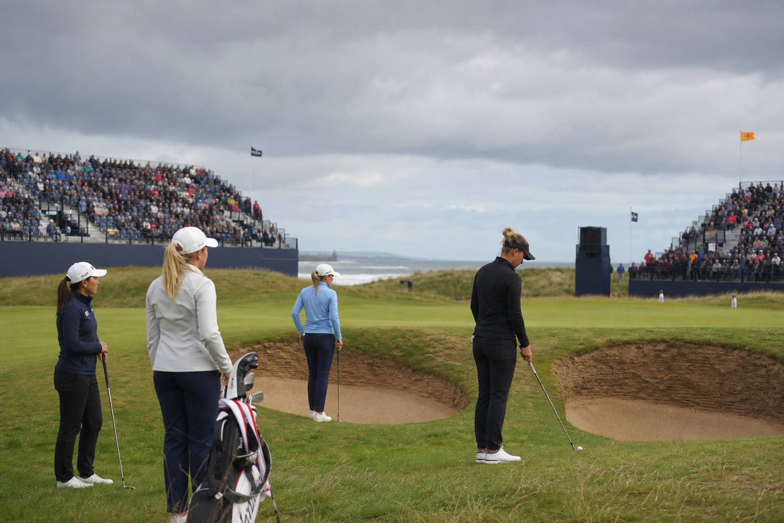 Elite women golfers preparing beside links-course bunkers