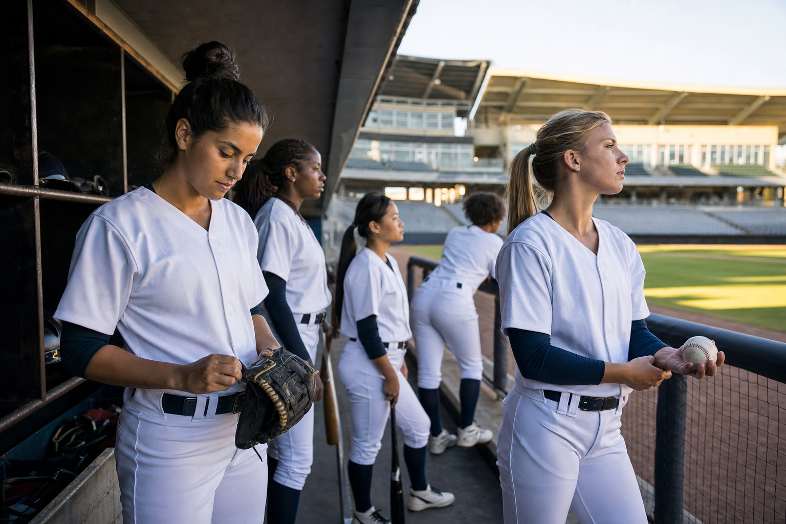 Women professional baseball players preparing in a stadium dugout