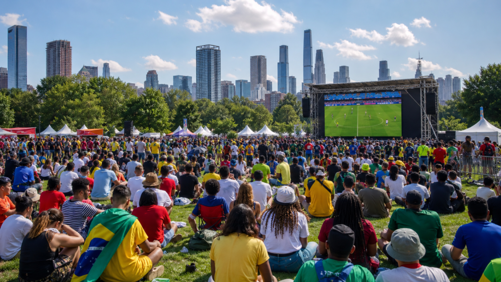 World Cup fan festival crowd watching football on a large outdoor screen in a city park
