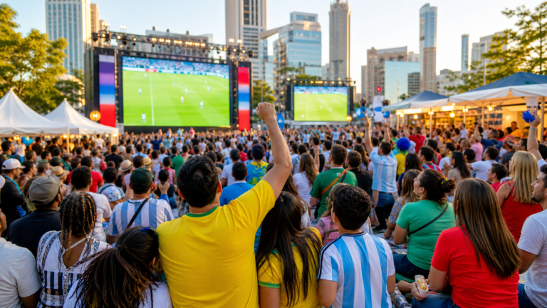 Large crowd watching soccer in an outdoor city fan zone