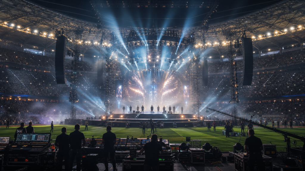 A stadium concert stage being prepared on a football pitch