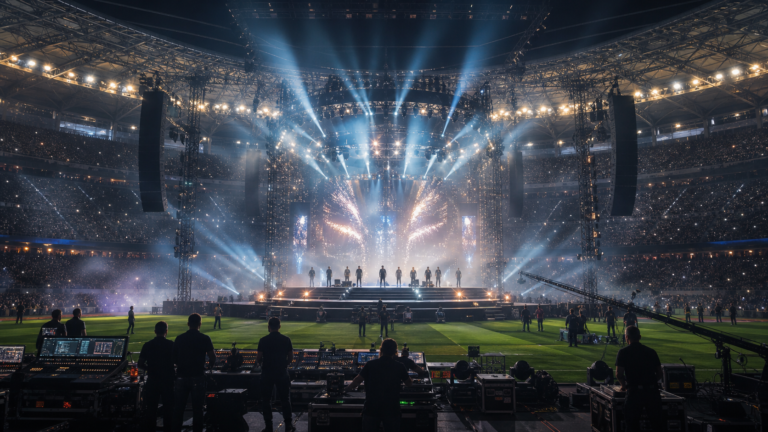 A stadium concert stage being prepared on a football pitch