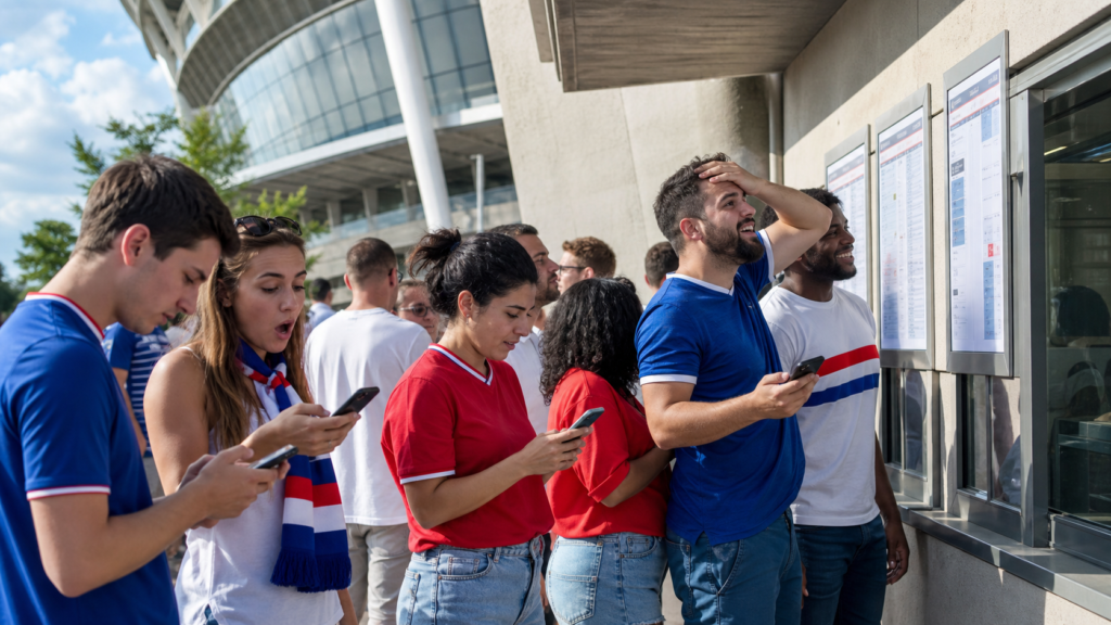 Soccer fans checking ticket prices outside a stadium