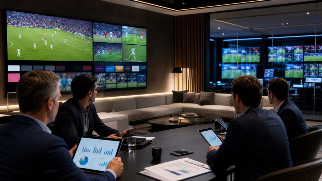 Media executives reviewing sports broadcast screens in a control room