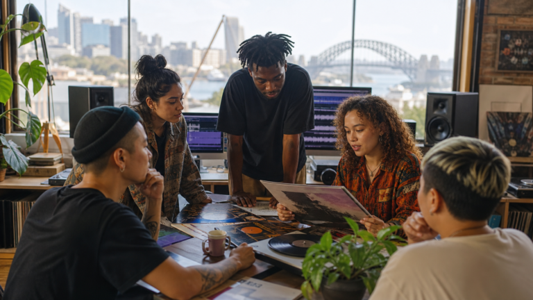Independent music label professionals working together in a Sydney studio