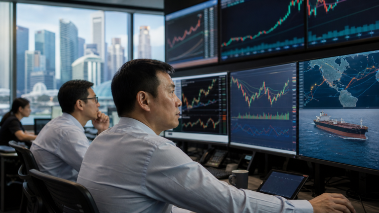 Singapore market traders monitoring Asian shares, oil routes and semiconductor results