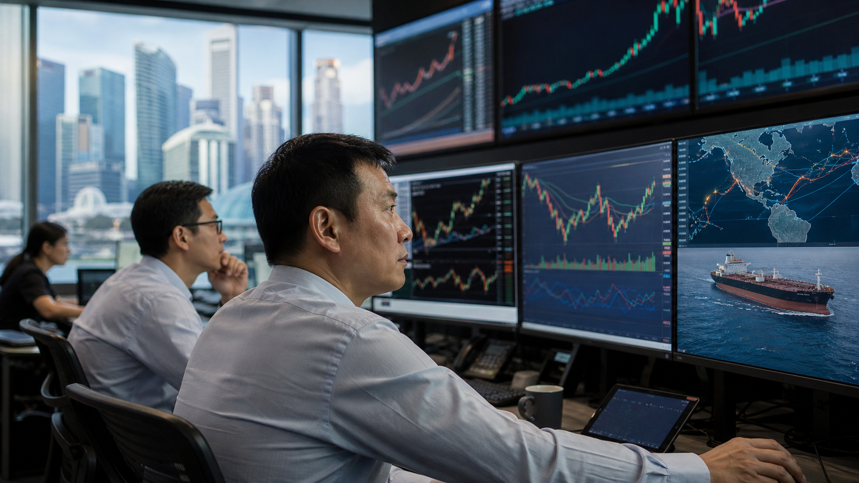 Singapore market traders monitoring Asian shares, oil routes and semiconductor results