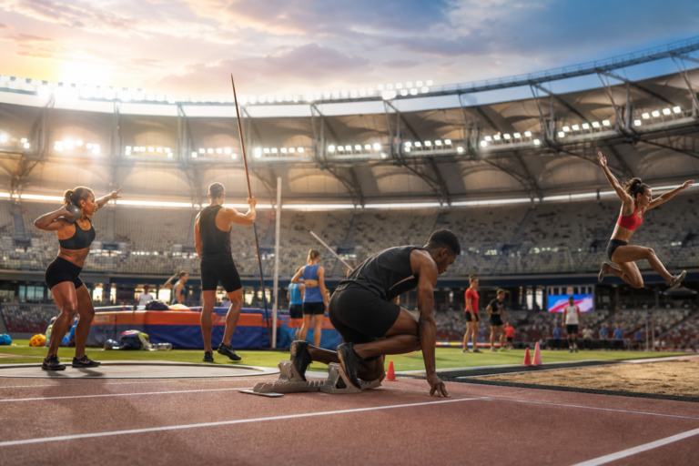 Elite international track and field athletes training in a Budapest stadium