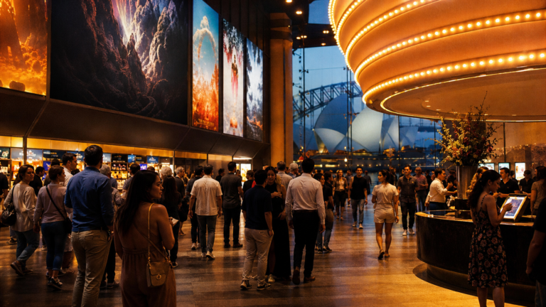 A busy cinema lobby in Sydney during a major theatrical release