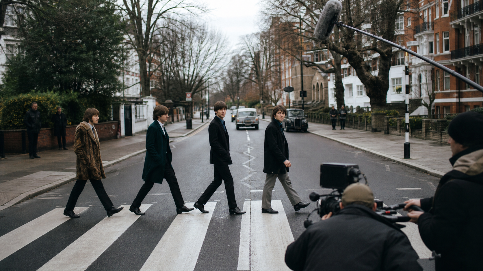 1960s-inspired musicians crossing a London street near a recording studio